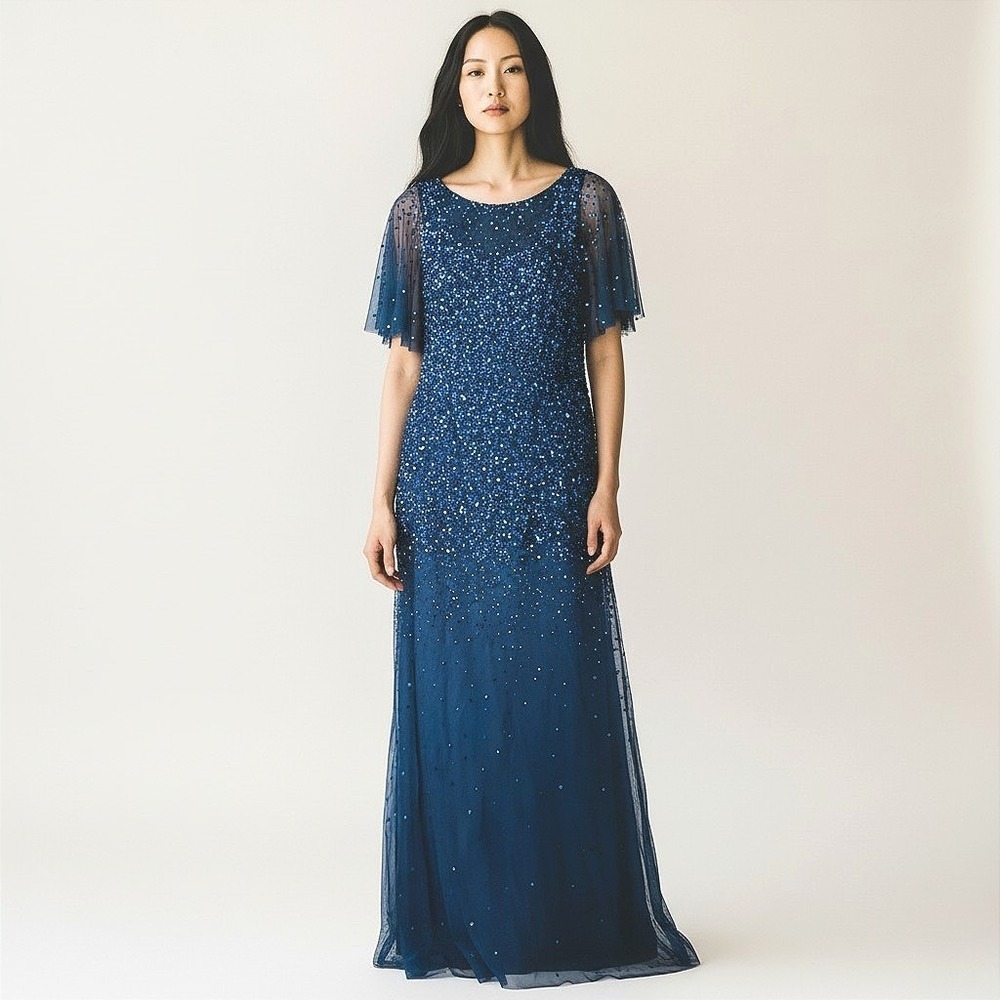 Adrianna Papell Women Gown Sz 8 Blue Chiffon Beaded Sequin Flutter Sleeve Formal